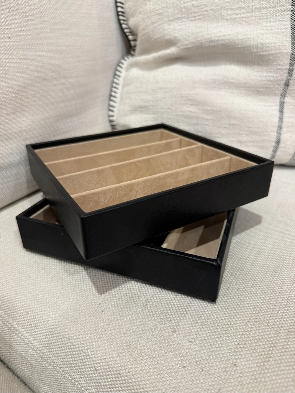 Set of Black Jewelry Divider Trays with Beige Felt Inserts